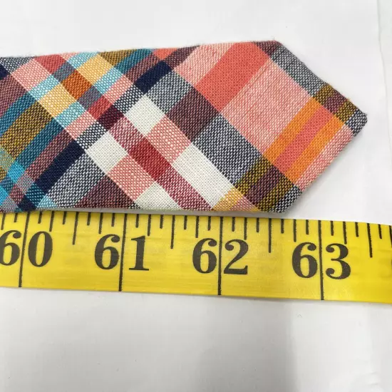 Express Red Blue Plaid Linen Cotton Skinny Long Preppy Necktie Tie 2.8" x 63"