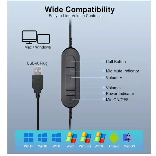 Wired USB Headset with Noise Cancelling Microphone, USB-A Computer Headphones wi