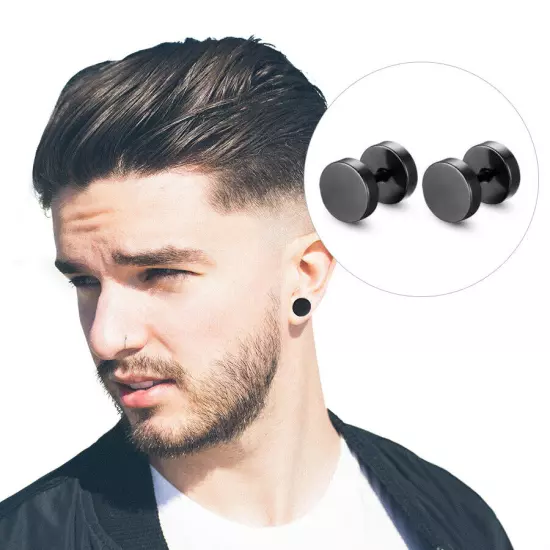 Pair Black Flat Round Barbell Plug Stud Earrings GYM MENS Stainless Steel 3-14MM