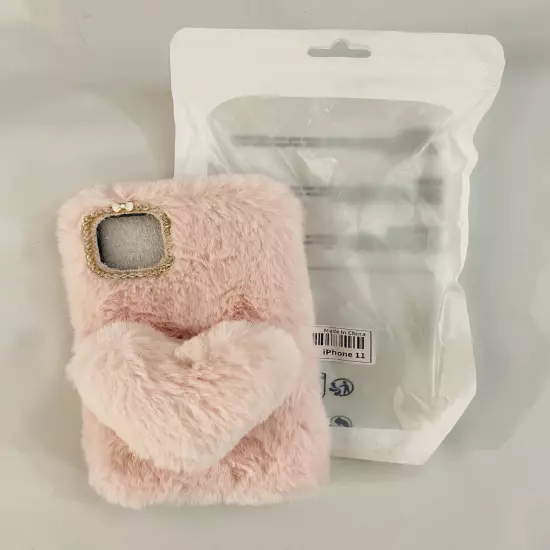 Iphone 11 Crossbody Bling Heart Rabbit Fur Soft Fluffy Phone Back Case Skin