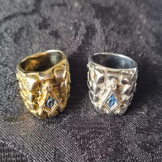 Two Freemason Stainless Steel Nugget Style Rings (Gold and Silver)