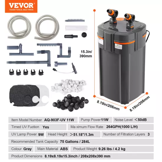 VEVOR External 75 Gallon Aquarium Canister Filter 9w UV 264 GPH Fish Tank Pump