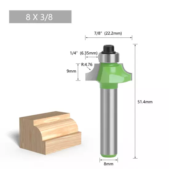 8mm Shank Round Over Edge Profile Router Bit, 2.25-12.7mm Radius 1PC/10PCS GREEN