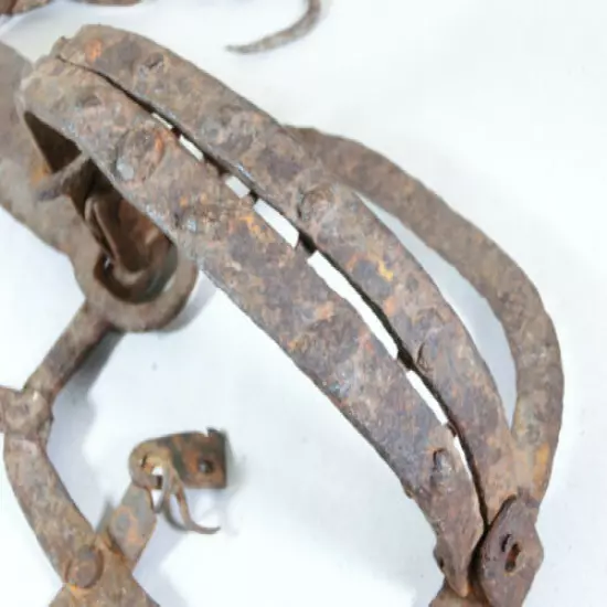 18thC Antique Hand Forged Iron Animal Trap Wrought Jaws and Chain w/ Double Hook