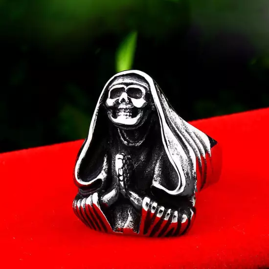 Vintage Praying Cloak Skull Ring Stainless Steel Peace Skeleton Biker Punk Ring