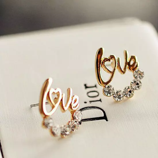 Fashion 18k Gold Plated Crystal Love Letter Stud Earrings Jewellery Womens Girls