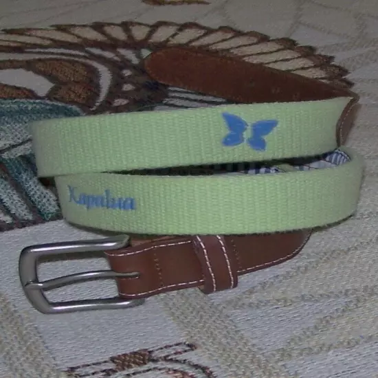 PETER MILLAR Embroidered Canvas & Leather Belt KAPALUA GOLF CLUB HAWAII 38 Green