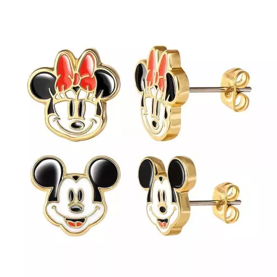 Disney Mickey Minnie Mouse Stud Earrings Duo Set 18k Gold Flash Plated