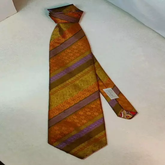 Vtg BJE Ernst Tie Orange Gold Brown Stripes Paisley Robinsons Union Made 54"