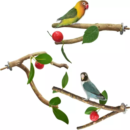 3Pcs Bird Perch Stand Natural Wooden Parrot Stand Branch，Simulated Fruits and Gr