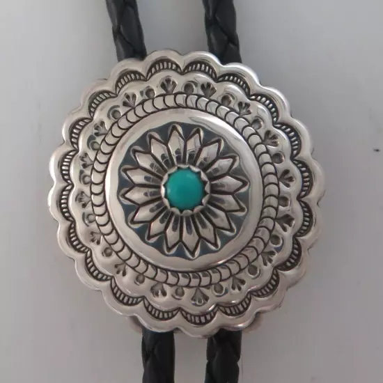 Sterling Silver & Turquoise Round Stamped Southwestern Concho Bolo Tie