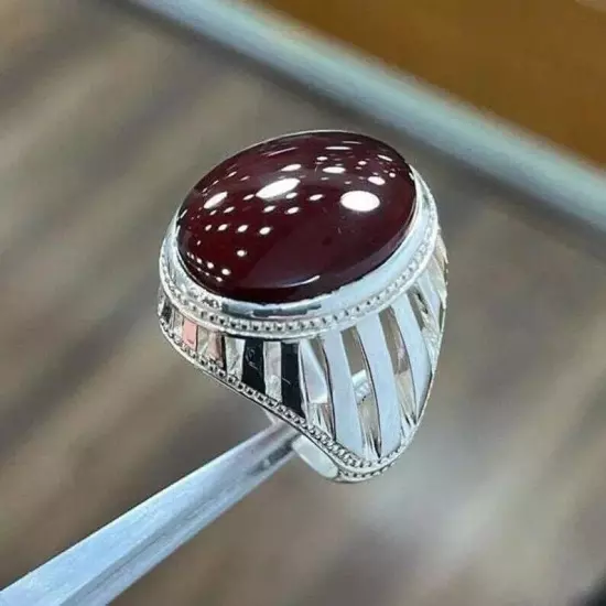 Blood Red Yaman Agate Mens Ring - Natural Yemeni Aqeeq in 925 Sterling Silver