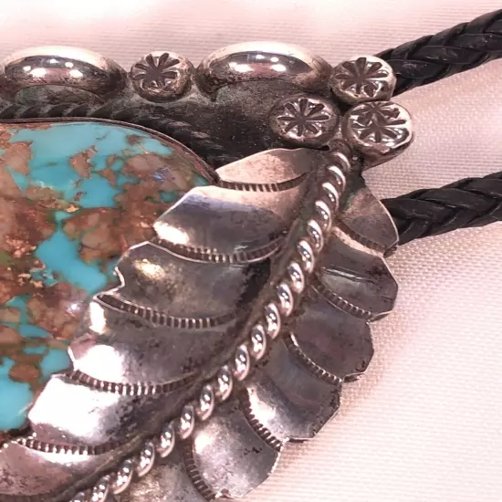 Vtg Bennett Silver Turquoise BOLO TIE w/ Leaf + Aiguillettes C-31 Pat. Pend.