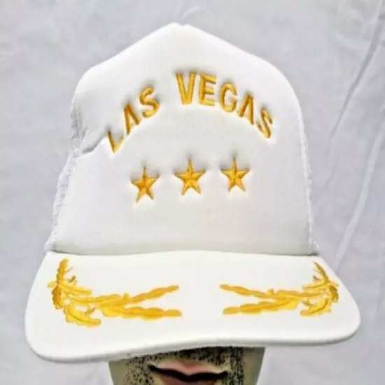 Vintage Las Vegas Mesh Snapback Trucker Hat White Gold Three Star Embroidered