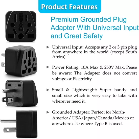 US Travel Plug Power Outlet Adapter - EU, AU, UK, NZ, CN, IN to USA (Type B)