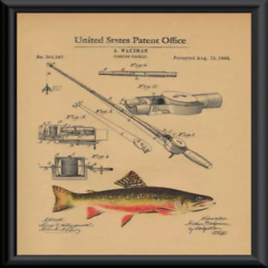 1884 Fishing Rod Patent And Trout Reprint On 100 Year Old Paper *P113