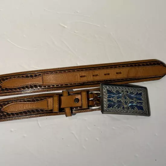 Men Leather Belt Cowhide Silverado USA Size 40 Is 45”long Aqua Silvertone Buckle