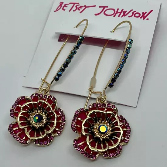 Betsey Johnson Dangle Earrings Red Floral Rose on Embellished Ear Wire NEW