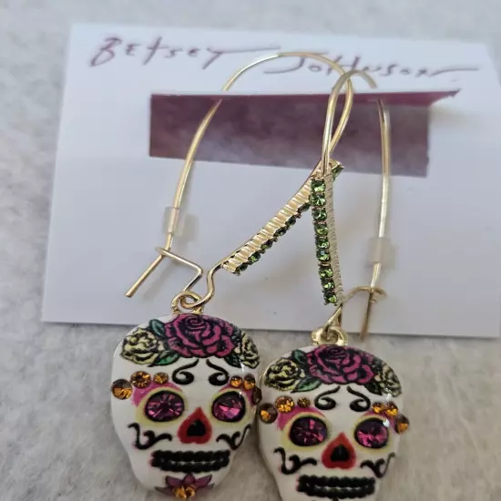 Betsey Johnson Stone Sugar Skull Dangle Earrings.