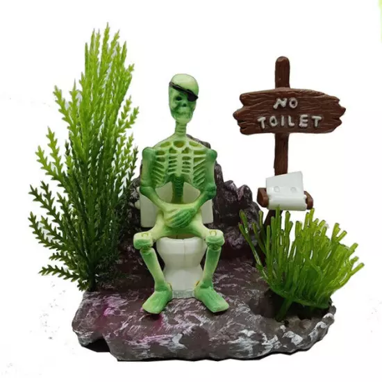 PIRATE SKELETON ON TOILET Air Driven Ornament Fish Tank Decor Aquarium Decoratio