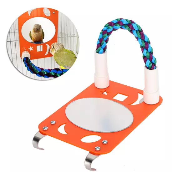 Parrot Biting Chewing Toy Cotton Rope Stand With Large Plastic Mirror Oval