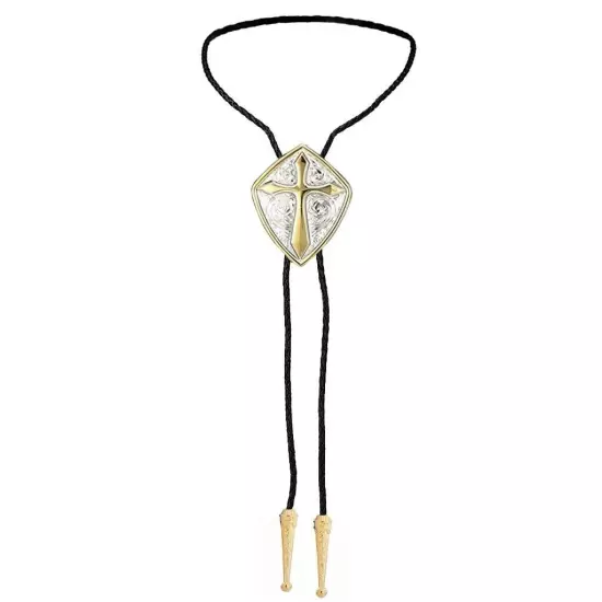 with Handmade Black Leather Cowboy Western Bolo Tie for Men Gold Cross Shield