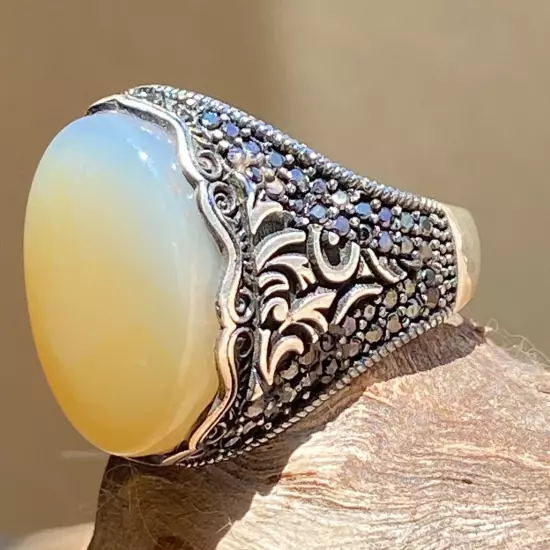 925 Sterling Silver men ring natural strong energy agate aqeeq akik silver ring