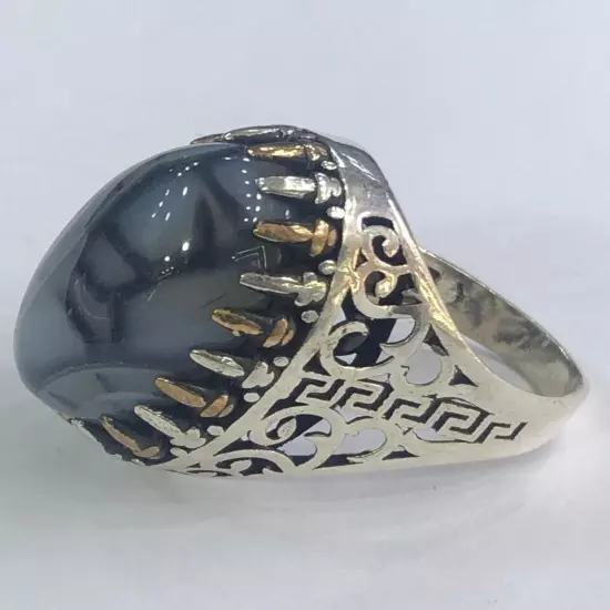 Men Silver Ring 925 Sterling Yemen Aqeeq Agate خاتم عقيق يمني شجري مصور حبة فحل