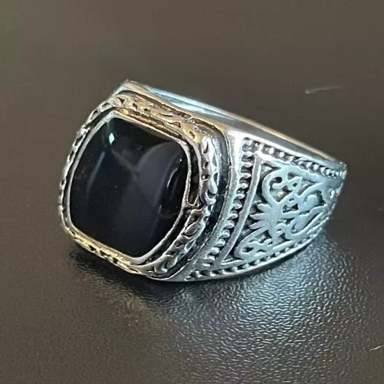 Trendy Black Obsidian Stone S925 Silver Plated Men Women Statement Ring Size 7.5