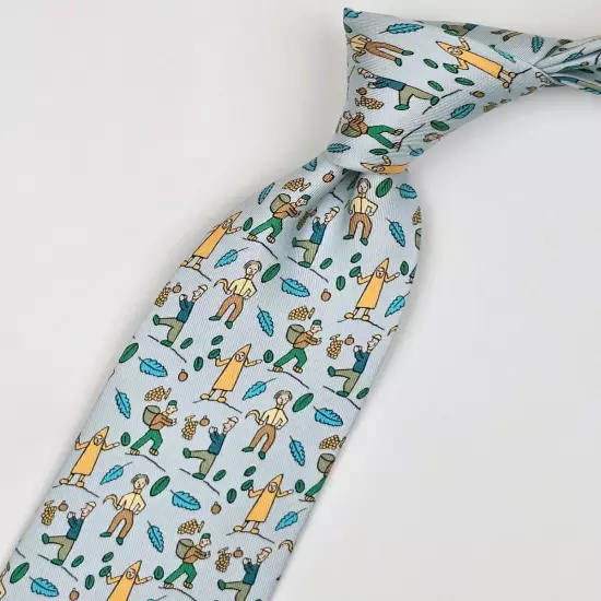 HERMES TIE 7688 OA Fruit Farmer on Light Blue Silk Necktie