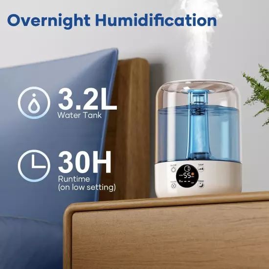 HiLIFE Humidifier for Bedroom, 3 Times Fog Coverage, 3.2L Ultrasonic Cool Mist