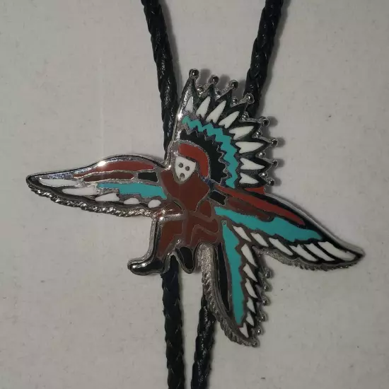 Southwest Bolo Tie With Blue White Red Agate Black Braided Cord 18 In Long