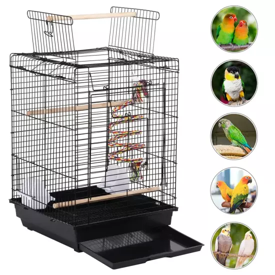 Alden Design 22.8"H Metal Open Top Cage Bird Cage with Play Top Stand, Black