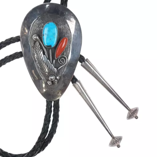 Roy Vandever (1936-2009) Silver turquoise, and coral bolo tie