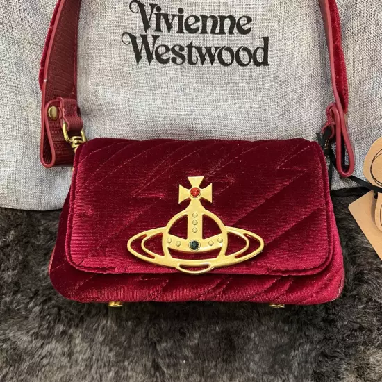 VIVIENNE WESTWOOD Nana Burgundy Velvet Hazel Quilted Clutch Purse Crossbody Bag