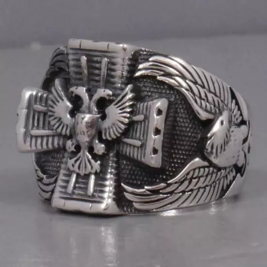 GERMAN 2 HEADED IMPERIAL EAGLE IRON CROSS 925 STERLING SOLID SILVER MENS RING