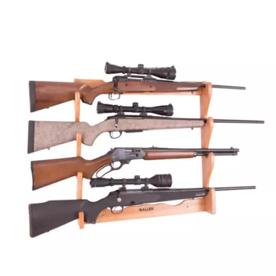 Four Rifle Wall Mount Wooden Gun Rack Gun Storage in Natural Wood Finish NEW