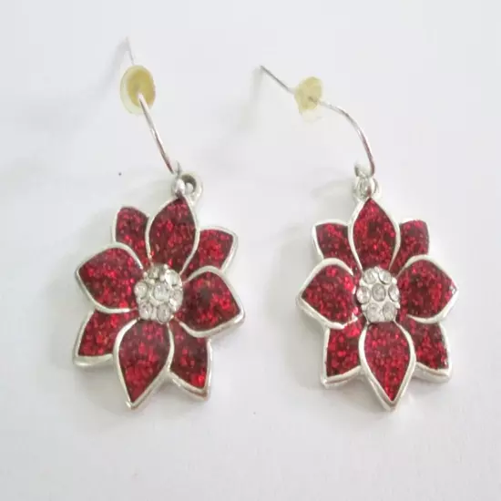 Red Glitter Enamel Crystal Poinsettia Christmas Dangle Earrings French Wire