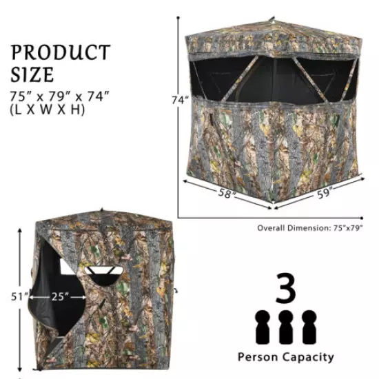 Portable 3 Person Hunting Blind Surround View Pop-Up Tent w/ Slide Mesh Window