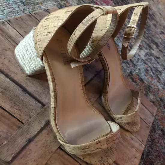 Womens Cork Low Heel Open Toe Shoe with Ankle Strap & Heel detail Sz 10