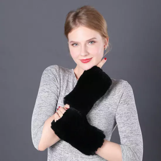 Women's Fluffy Real Rex Rabbit Fur Gloves Elastic Wrist Fingerless Winter Warm