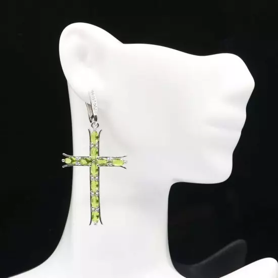 Classic Long Cross Shape Green Peridot CZ Fashion Jewelry Silver Earrings