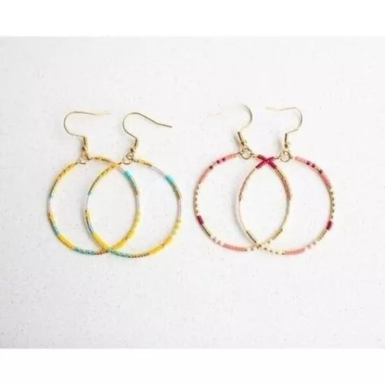 2 pairs Seed Bead Boho Hoop Earrings Colorful beaded Hoops Lightweight