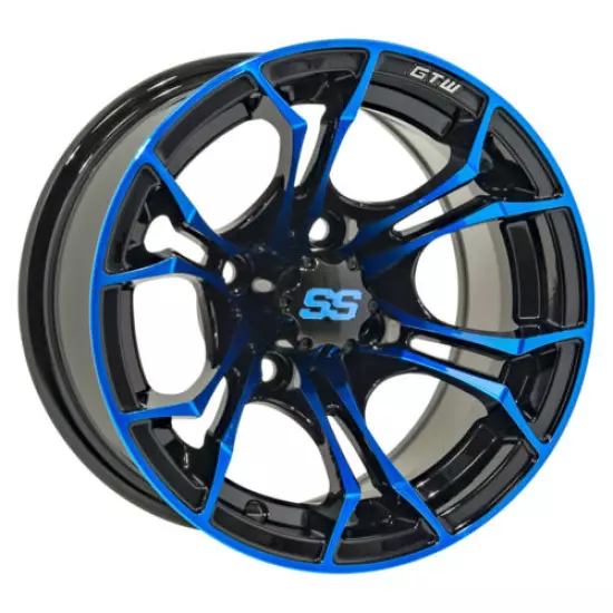 Set of 4 - GTW Spyder 12 inch Black and Blue Golf Cart Wheel With 3:4 Offset