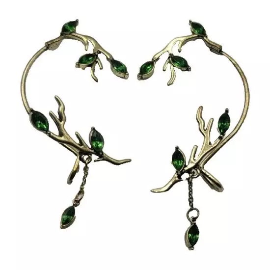 Ear Cuffs Gold Tone Green Stone Dangle Tree Plant Vine Design 