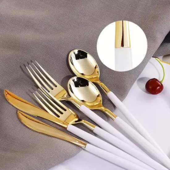 30Guest Gold Plastic Plates Disposable - Gold Plastic Silverware With White H...