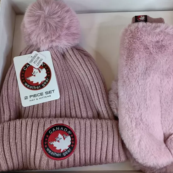 Canada Weather Gear Hat and Mittens Logo Pink Thermal Plush Lined Set NIB Winter