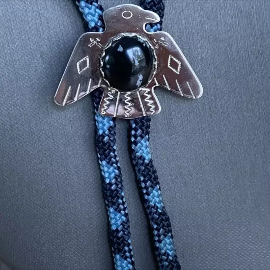 Vintage Native American Snowflake Obsidian Thunderbird Bolo Tie Blue/Black Cord