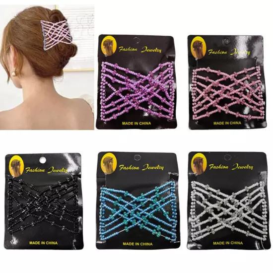 Womens Magic Slide Hair Elastic Double Beads Easy Stretchy Hair Comb Clips Pins│