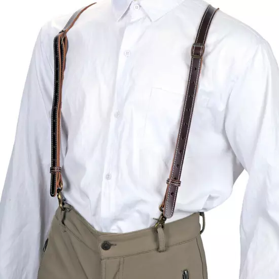 Tourbon Leather Suspenders for Men Y Back Harness Pants Braces 3 Hook Heavy Duty